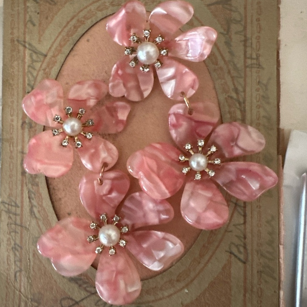 Pink Floral Faux Pearl & Rhinestone Post Earrings